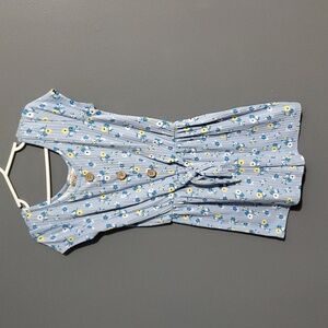 Jenna & Jessie Floral Blue Romper Faux Wood Buttons Tie Waist Size 7